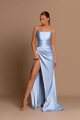 Simple Long Mermaid Strapless Satin Formal Prom Dresses with Slit