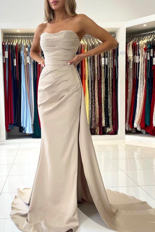 Long Mermaid Strapless Satin Prom Dress with Slit