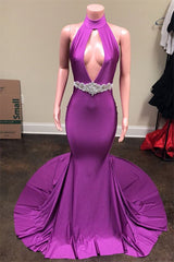Long Halter Satin Beaded Mermaid Prom Dress