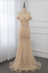 Charming Long Bateau Off the Shoulder Sequins Beading Mermaid Tulle Prom Dress