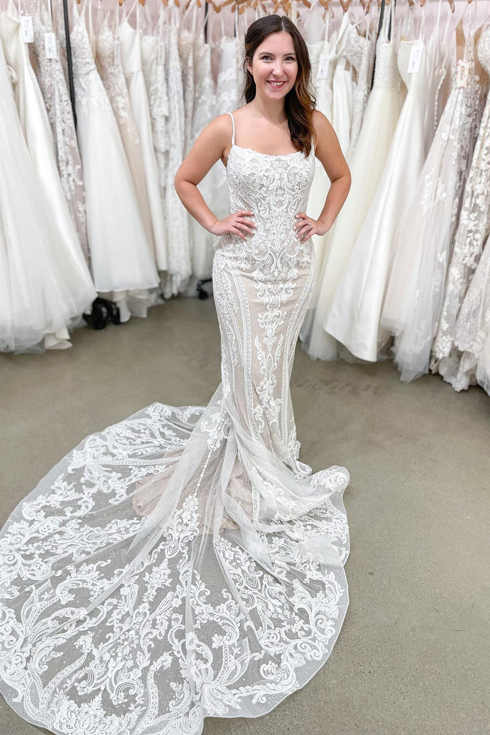 Beautiful Long Spaghetti Straps Backless Appliques Lace Floor Length Mermaid Wedding Dress