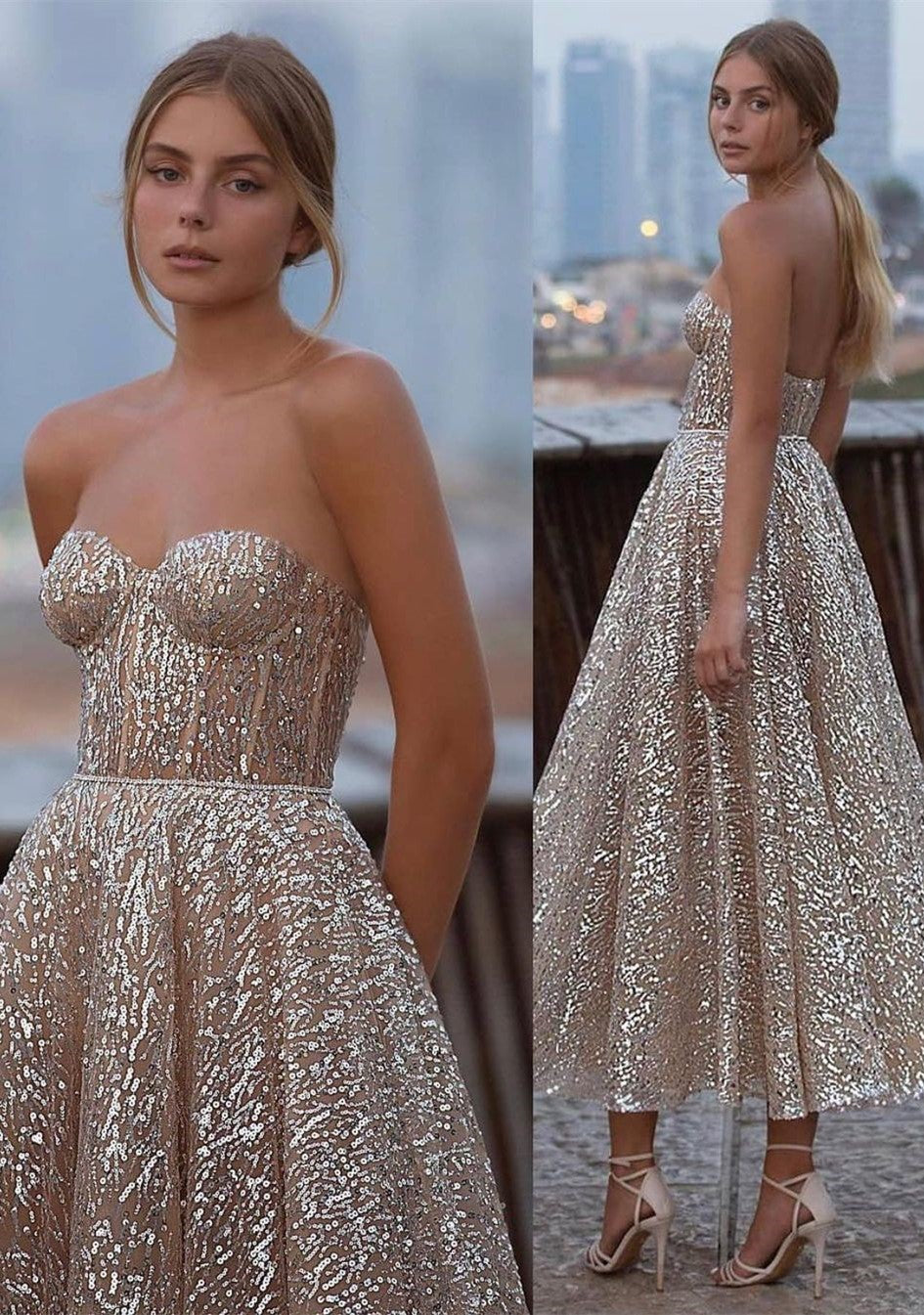 Sweetheart Sequins A-Line Ankle-length Ruffles Backless Prom Dress