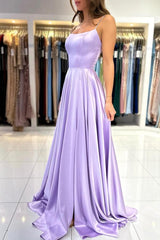 Simple Long A-line Spaghetti Straps Satin Backless Prom Dresses