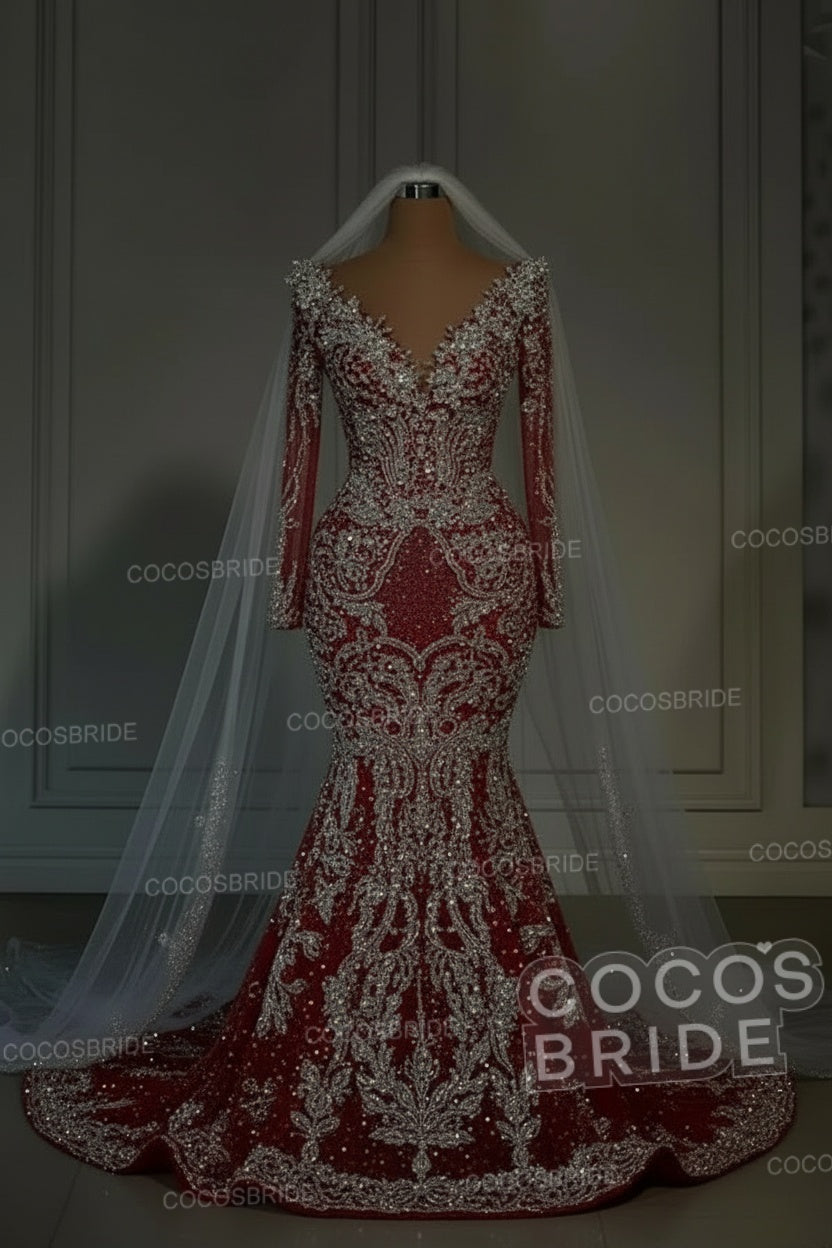 Luxury Long Mermaid Sweetheart Sequined Wedding Dresses with Sleeves