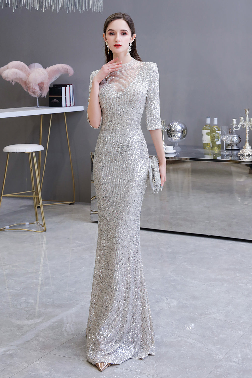 Gorgeous Silver Mermaid Long Formal Dresses with Sleeves