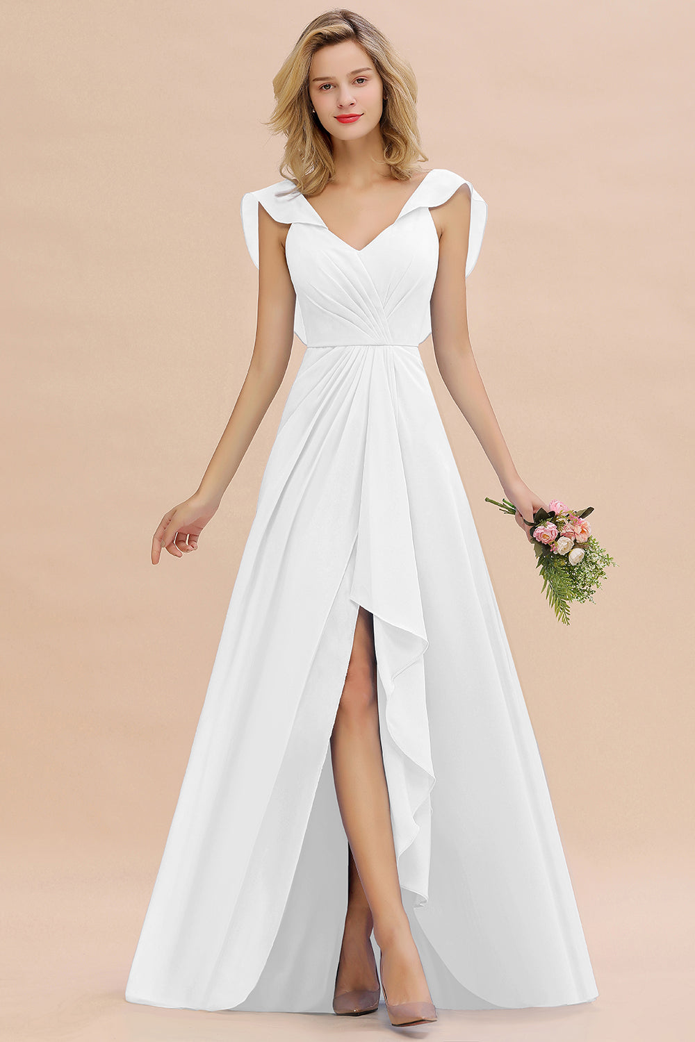 Simple High Low A-line V-Neck Ruffles Chiffon White Bridesmaid Dress