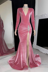 Mermaid V-neck Long Sleeves Velvet Formal Evening Dresses with High Split