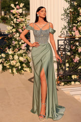 Mermaid Spaghetti Straps Split Front Off The Shoulder Long Satin Prom Dress with Beads