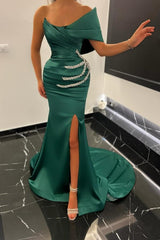 Long Mermaid One Shoulder Front Slit Formal Prom Dress With Beads