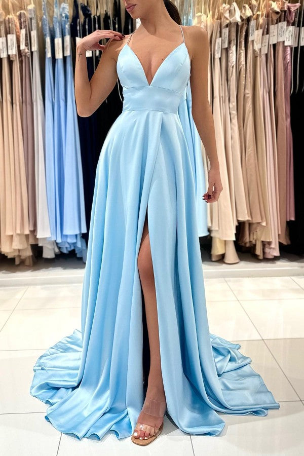 Chic Long A-line V-neck Sleeveless Satin Prom Dress with Slit