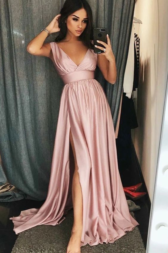Charming Long V-neck Sleeveless A-line Prom Dresses with Slit