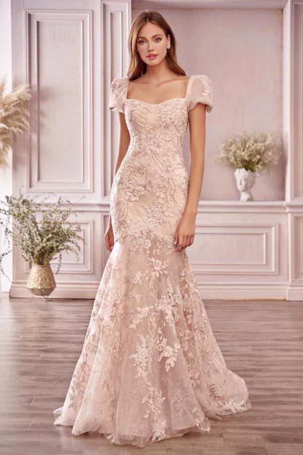 Long Mermaid Sweetheart Backless Appliques Lace Prom Dress with Short Sleeve