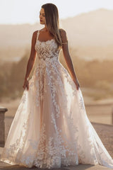 Spaghetti Straps Backless A-Line Long Appliques Lace Wedding Dress