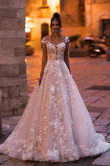 Elegant A-Line Bateau Appliques Lace Backless Floor Length Sequins Wedding Dress