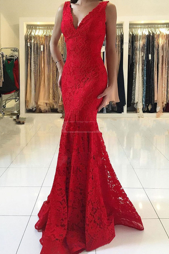 Red Long Mermaid Deep V-neck Lace Prom Dress