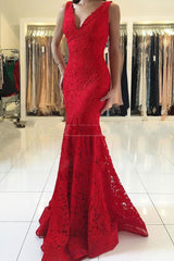 Red Long Mermaid Deep V-neck Lace Prom Dress