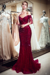 Long Off the Shoulder Tulle Mermaid Formal Evening Dresses