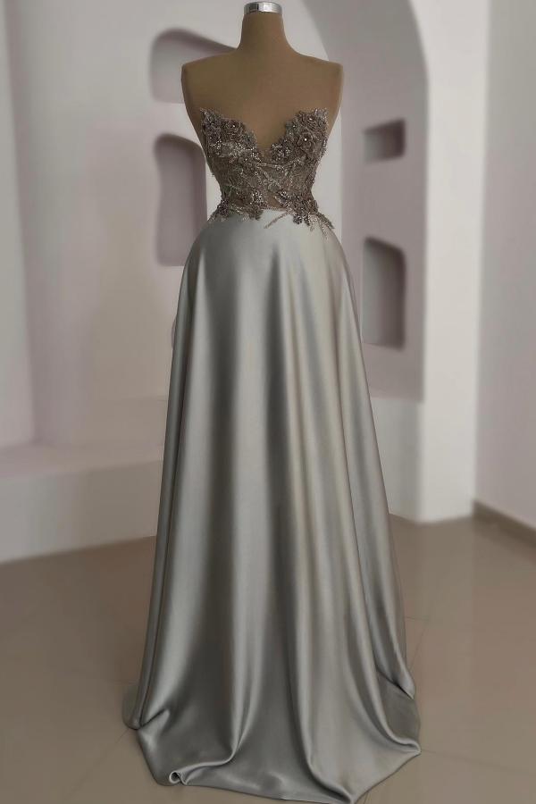 Elegant Long A-line Sweetheart Satin Beads Prom Dresses