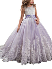 Long Ball Gown Tulle Lace Jewel Neck Pageant Flower Girl Dresses With Bow(S)