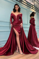 Long Sleeve Mermaid Off the Shoulder Burgundy Prom Dress with Slit