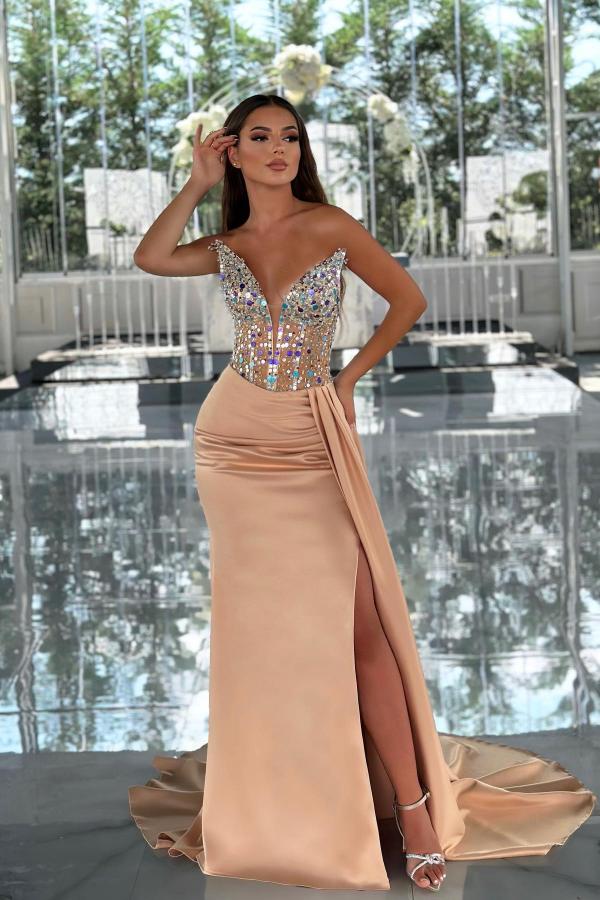 Long Mermaid V-neck Sleeveless Satin Formal Prom Dresses with Sweep Train