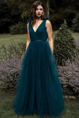 Elegant Long A-line V-neck Tulle Floor Length Prom Dress