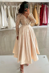 V Neck A Line Short Beaded Party Dress with Long Sleeves