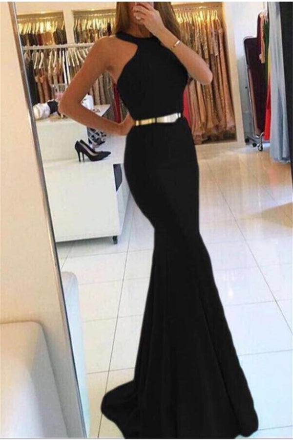 Long Halter Satin Mermaid Black Prom Dress