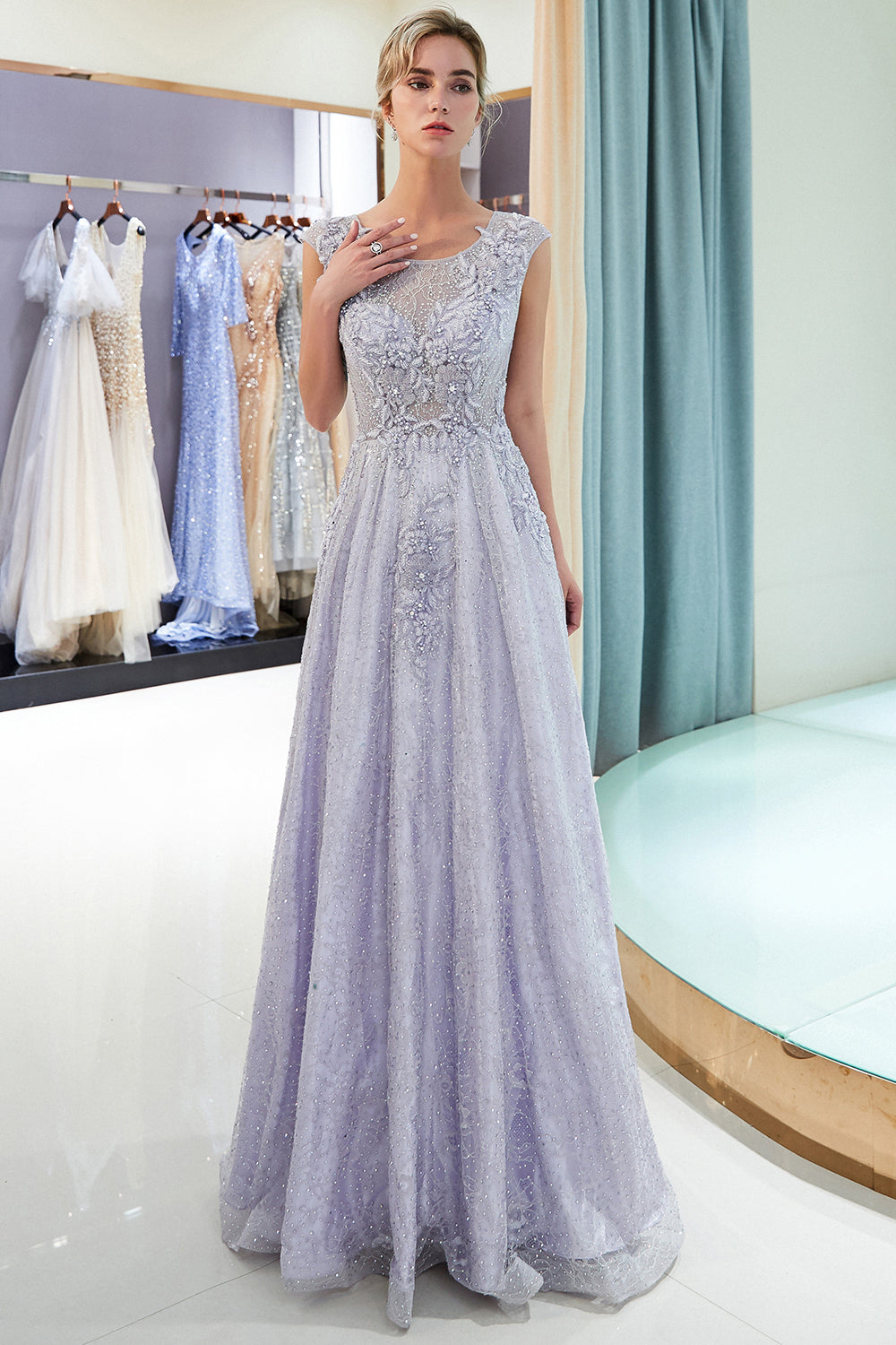 Long Jewel Tulle A-line Sleeveless Lace Floor Length Formal Evening Dresses