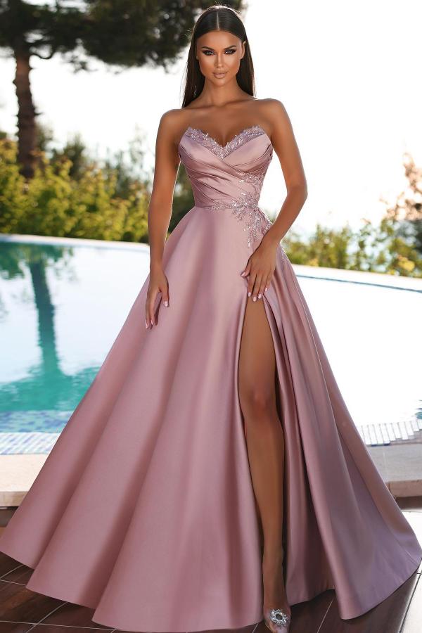 Stunning Long A-line Sweetheart Satin Prom Dresses with Slit