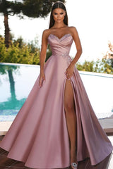 Stunning Long A-line Sweetheart Satin Prom Dresses with Slit