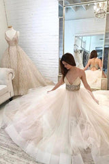 Spaghetti Straps A-line Long Beaded V-neck Tulle Open Back Wedding Dresss