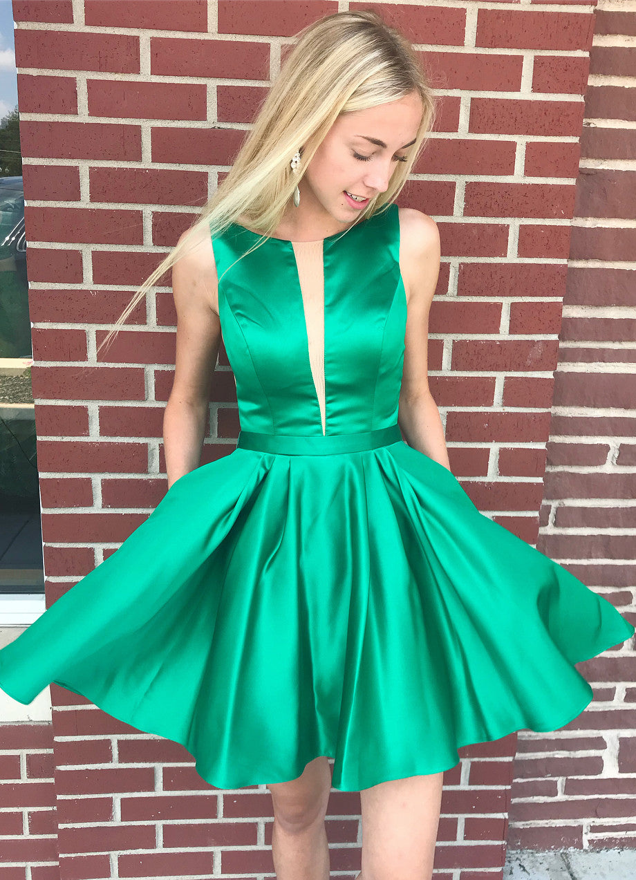 Sexy V-Neck A-line Satin Homecoming Dress with Pockets