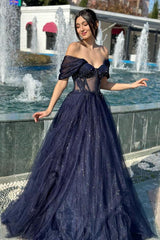 Glitter Long A-line Off the Shoulder Sweetheart Formal Prom Dresses