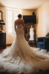 Plus Size Long Mermaid Sweetheart Tulle Wedding Dress Floral Lace Bridal Dresses