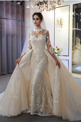Gorgeous Long Mermaid Sweetheart Long Sleeve Appliques Lace Floor Length Wedding Dress