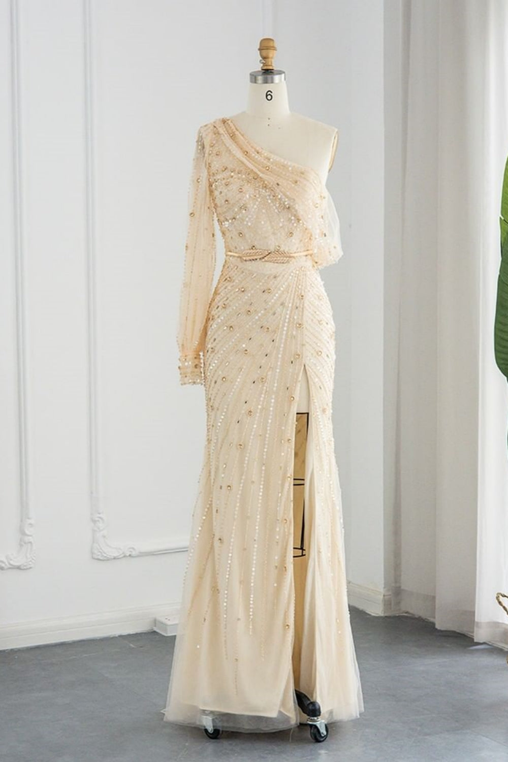 Stunning Long Mermaid One Shoulder Tulle Front Slit Evening Dress with Sleeves