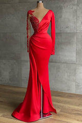 Elegant Long Mermaid V-neck Stretch Satin Side Slit Fomral Dress with Sleeves