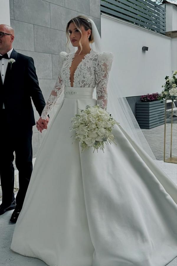 Long Sleeve Deep V-Neck A-Line Lace Satin Wedding Dress with Ruffles