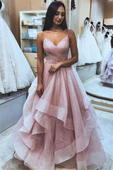 Long A-line V-neck Spaghetti Straps Tulle Prom Dress