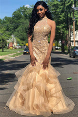 Long High Neck Organza Mermaid Tulle Beaded Prom Dress