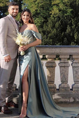 Modest Long Mermaid Off the Shoulder Satin Prom Dress with Slit