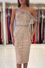 Short Mermaid One Shoulder Sparkle Beaded Tulle Party Dresses