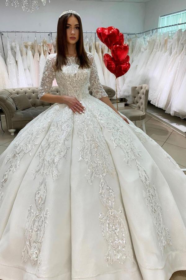 Gorgeous Bateau Long Sleeve Appliques Lace Floor Length Satin Ball Gown Wedding Dresses