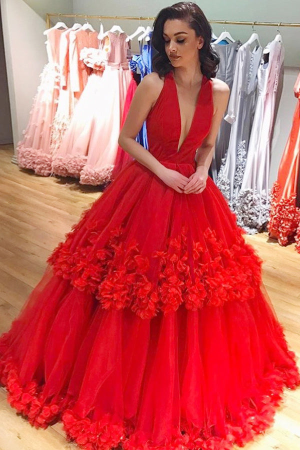 Red Long Ruffles Tulle V-neck Ball Gown Prom Dresses