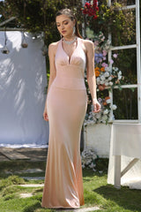 Stunning Long Mermaid Halter Satin Open Back Formal Evening Dresses