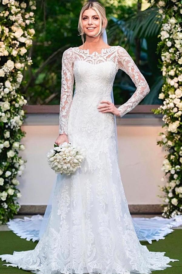 Simple Open Back Long Sleeve Lace Mermaid Floor Length Wedding Dress