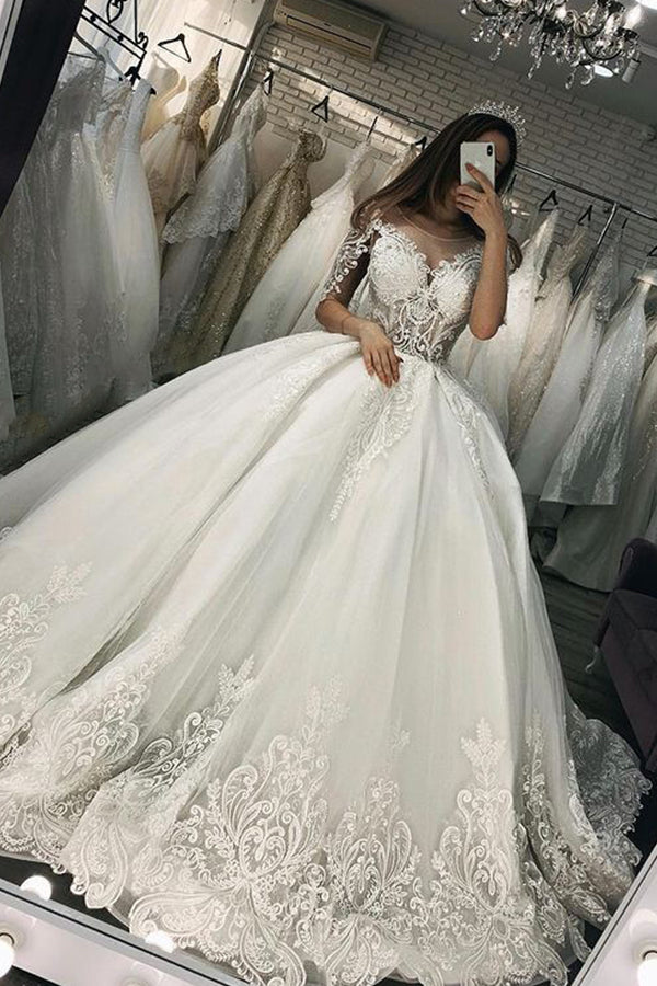 Long Sweetheart Appliques Lace Tulle Ball Gown Wedding Dress with Short Sleeve