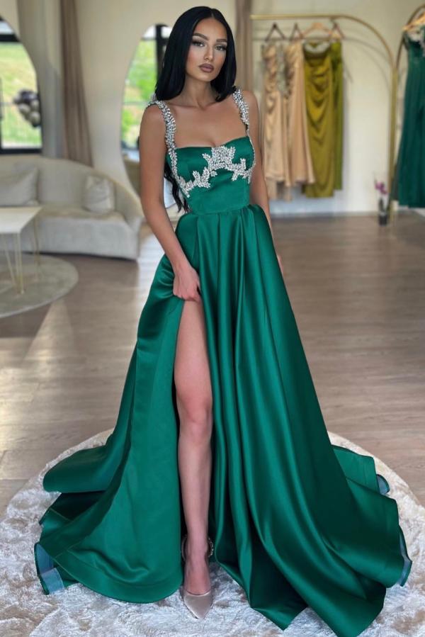 Dark Green Long A Line Satin Floor Length Prom Dress with Split Front