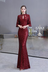 Burgundy Mermaid Sequins Long Formal Evening Dresses with Sleeves